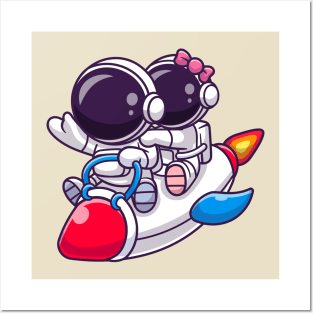 Cute Astronaut Couple Riding Rocket Cartoon Posters and Art